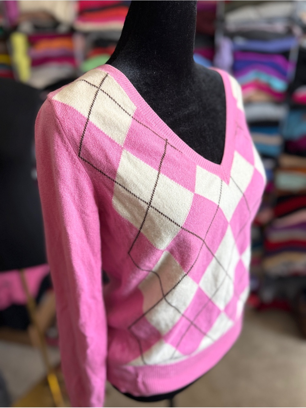 Lilly Pulitzer Pink and Cream Argyle V-Neck Cashmere Sweater